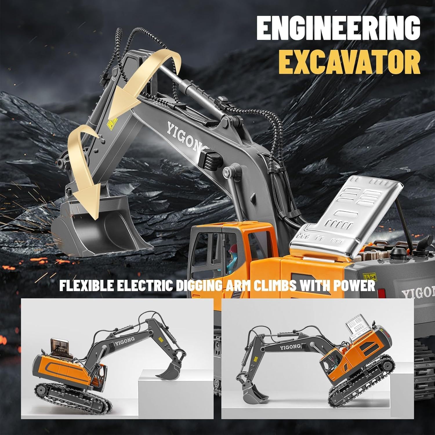 Remote Control Excavator Toy, Construction Rc Digger for Kids  Rechargeable Excavator with Metal Shovel, Lights, Sounds,