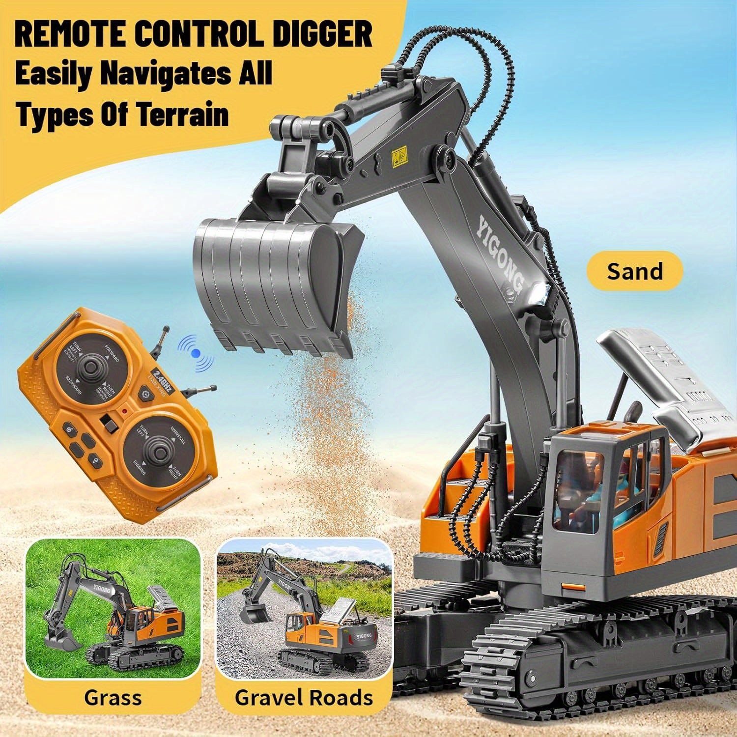 Remote Control Excavator Toy, Construction Rc Digger for Kids  Rechargeable Excavator with Metal Shovel, Lights, Sounds,