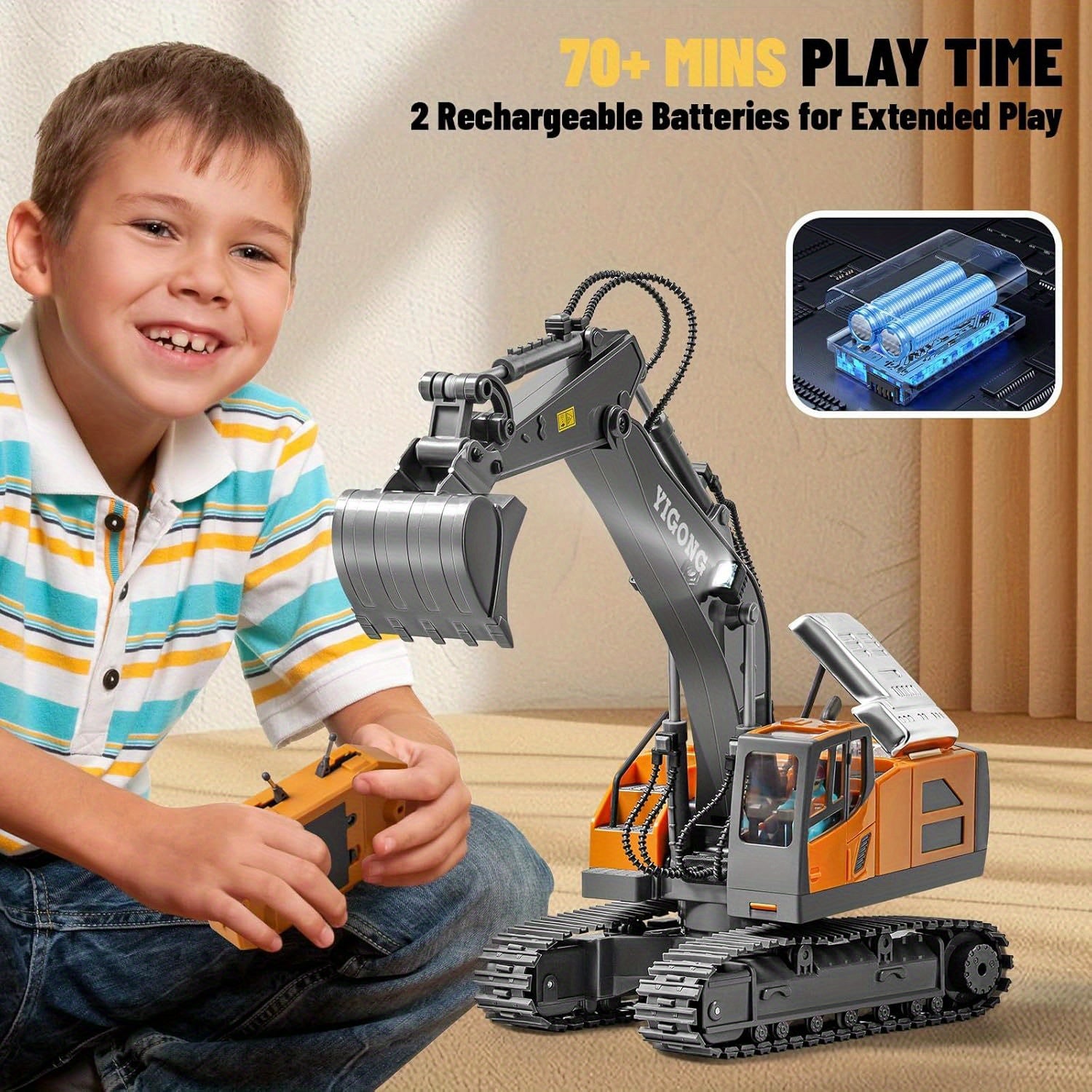 Remote Control Excavator Toy, Construction Rc Digger for Kids  Rechargeable Excavator with Metal Shovel, Lights, Sounds,
