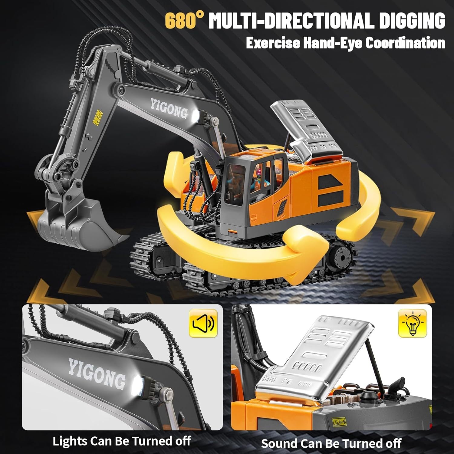 Remote Control Excavator Toy, Construction Rc Digger for Kids  Rechargeable Excavator with Metal Shovel, Lights, Sounds,