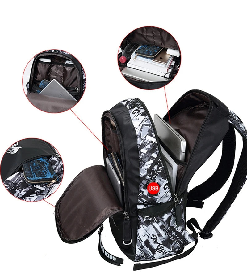 Backpack USB Charge School Bags For Teenager Boys Girls Anti-Theft