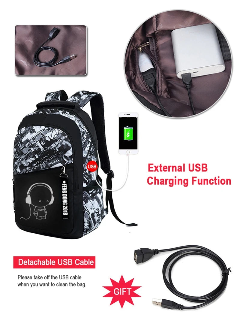 Backpack USB Charge School Bags For Teenager Boys Girls Anti-Theft