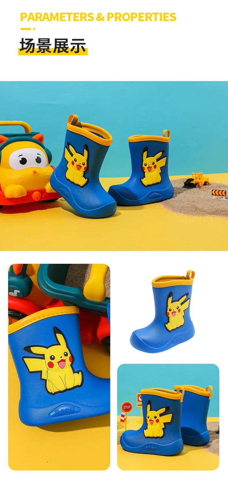 Pikachu Kids Rain Boots Anime EVA Waterproof Non-Slip Water Shoes Rainy Day Light Shoes cartoon Boys Girls rain shoes
