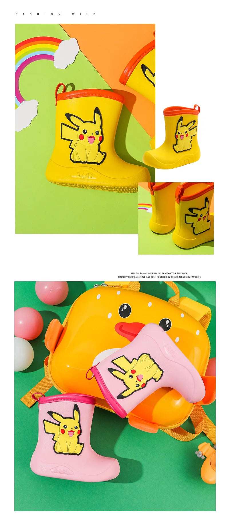 Pikachu Kids Rain Boots Anime EVA Waterproof Non-Slip Water Shoes Rainy Day Light Shoes cartoon Boys Girls rain shoes