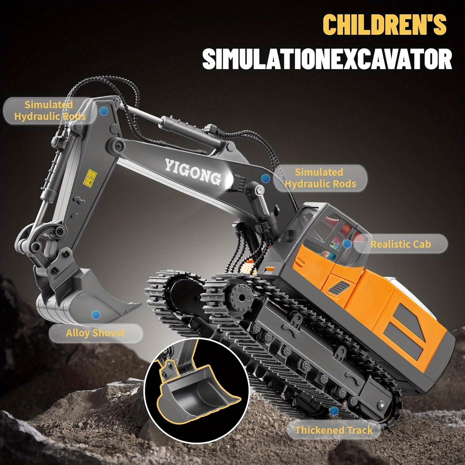 Remote Control Excavator Toy, Construction Rc Digger for Kids  Rechargeable Excavator with Metal Shovel, Lights, Sounds,